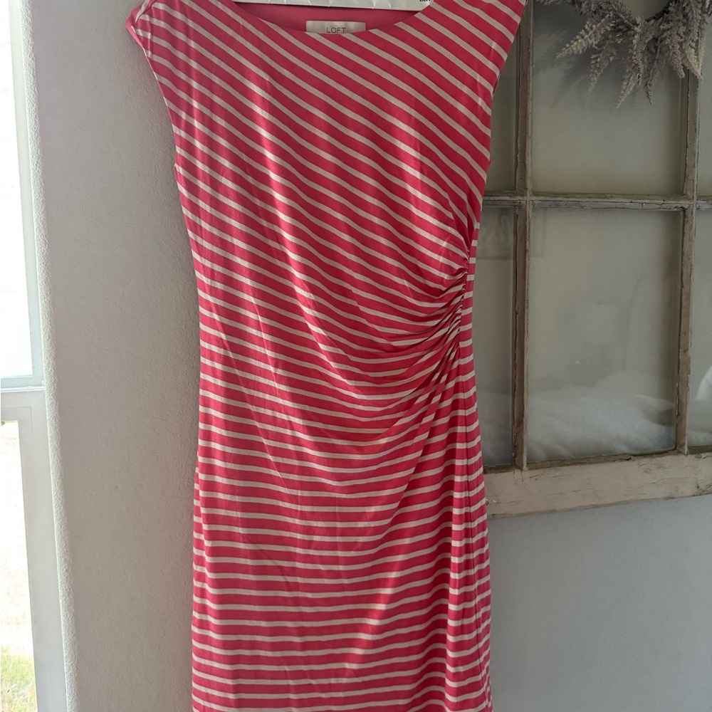 LOFT Coral Pink and White Striped Ruched Midi Dress